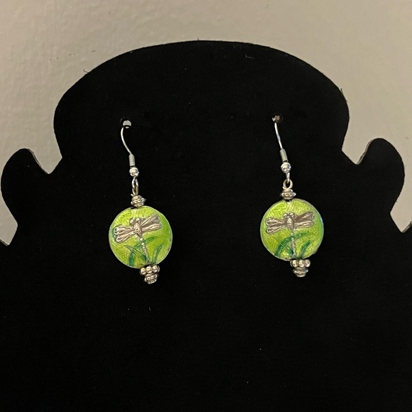 Silver Tone and Green Dragonfly Earrings - Picture 2 of 5